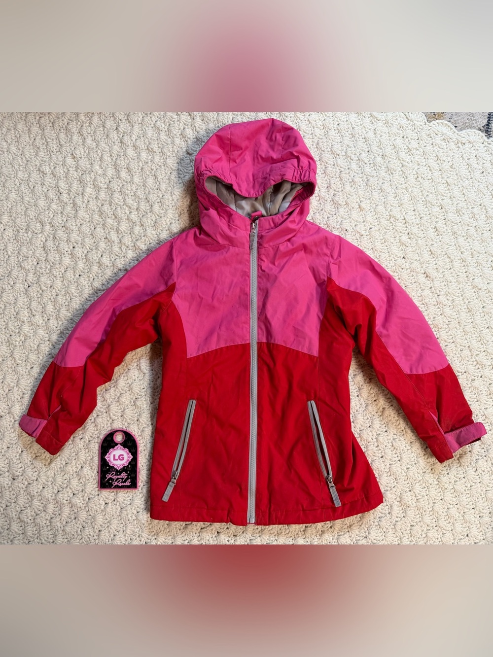 Lands' End Two-Tone Pink & Red Hooded Rain Jacket